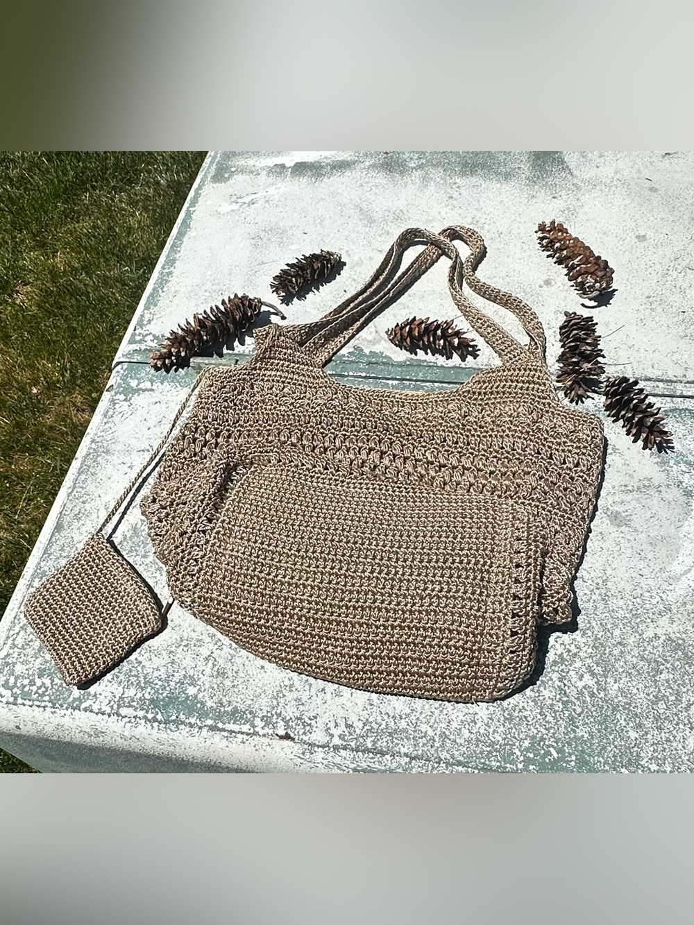 Woven Crochet Tote Bag in Tan - Picture 9 of 14